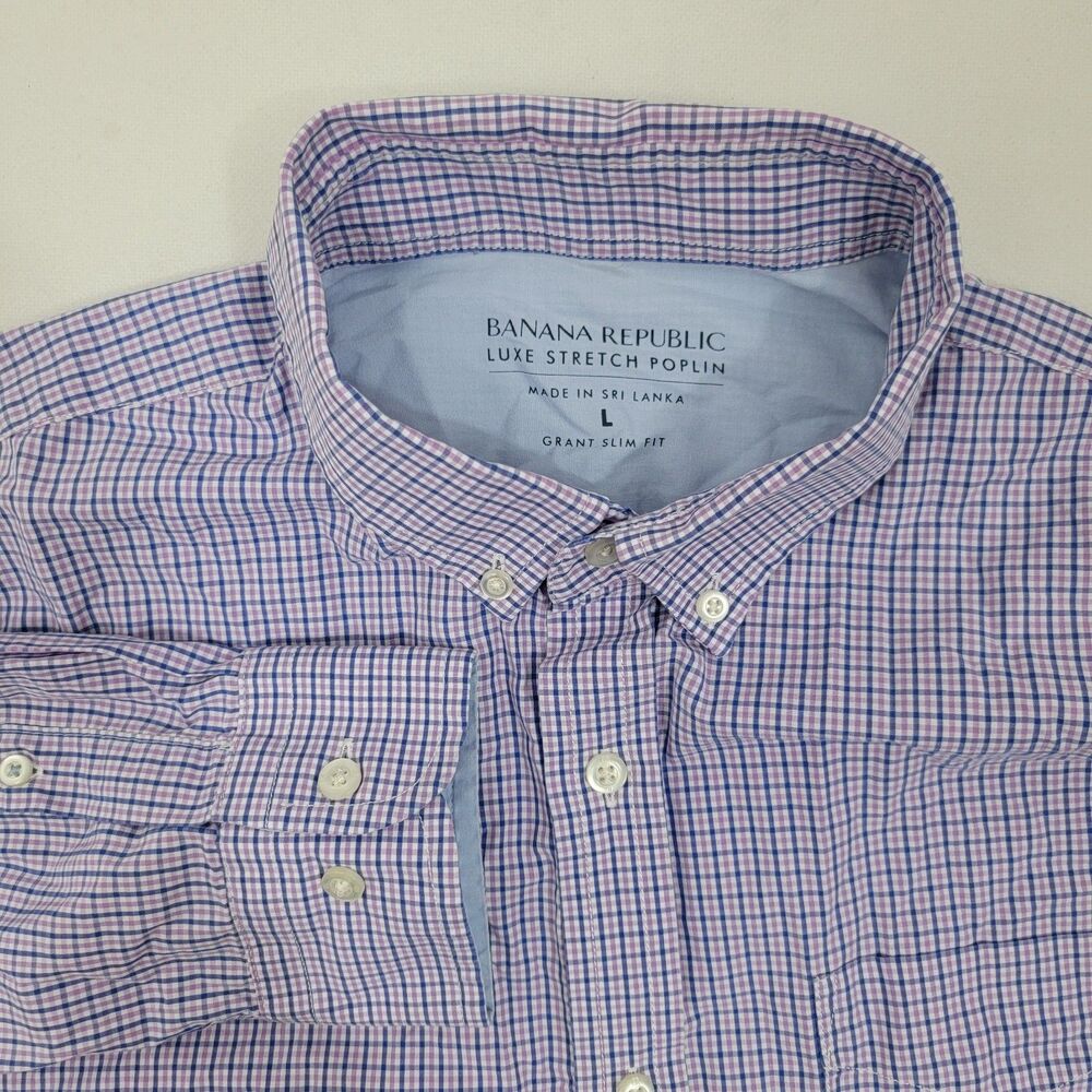 BANANA REPUBLIC Mens Shirt Sz L Luxe Stretch Poplin Grant Slim Fit Blue Check